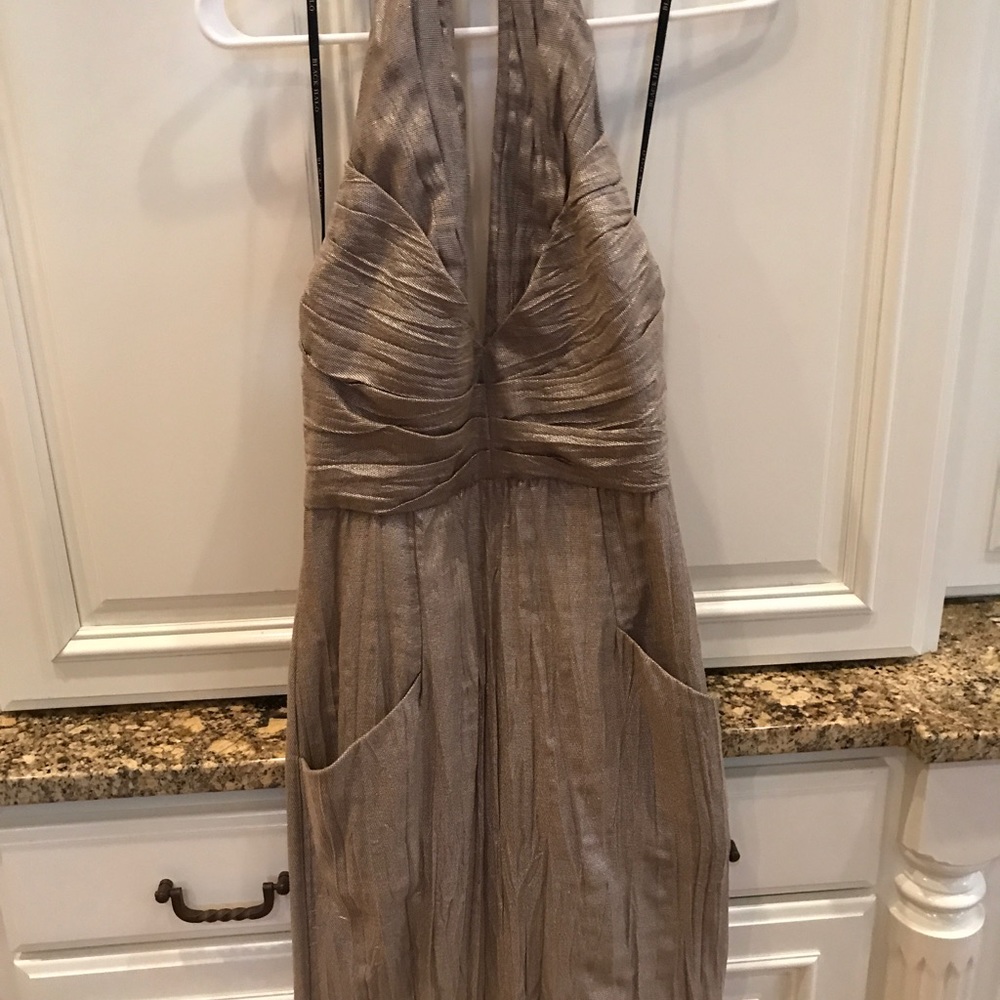 Black Halo halter gold cocktail dress